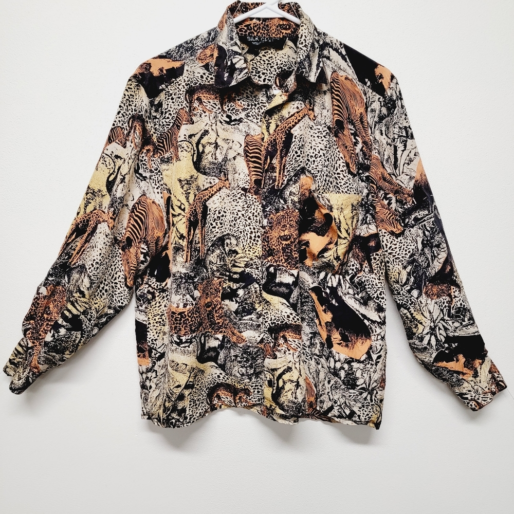 Vintage Silk Club Shirt Animal African Zoo Print Button Up Long Sleeve size S/M